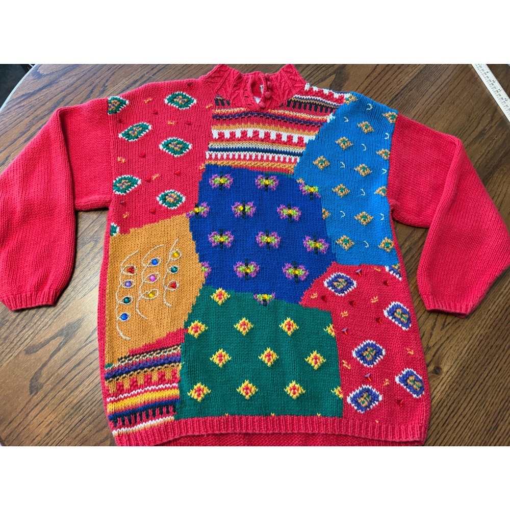 Studio Collection Vintage Patchwork Knit Sweater Womens Medium Beaded Red 90s‎